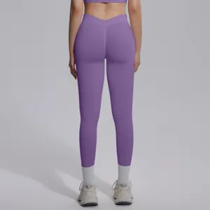 Women seamless solid color high waist yoga leggings back view, breathable stretchy fitness pants