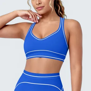 Blauwe sportbeha en leggingset met witte bies, ademende fitness yoga sportkleding kleding.