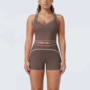 Contrast brushed racerback yoga set athletic gym two-piece workout running apparel for women.