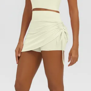 High-Waist Ruched Yoga Skort Fake Two-Piece Athletic Gym Fitness Running Shorts!