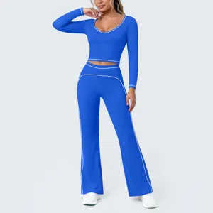 Königsblau langarm Crop Top und Schlaghose Yoga Set Sport Fitness Trainingsanzug