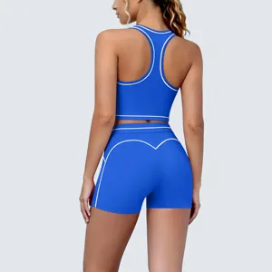 Blue athletic yoga set featuring a racerback sports bra and tight shorts with white trim.