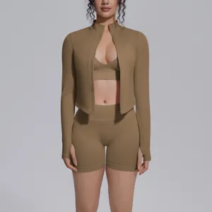 Women Seamless Yoga Set Jacket Bra Shorts Solid Color High Elastic Workout Set Running Fitness Tight Gym Apparel