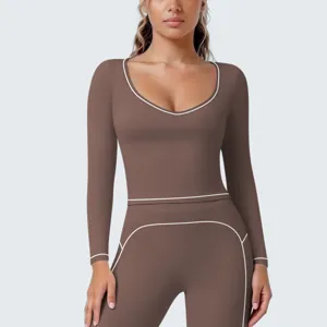 Damen Sportbekleidung Langarmshirt und Yoga Leggings Set, braun Kontrast Paspelierung atmungsaktiv.
