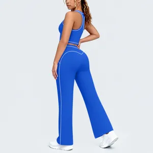 Ensemble de fitness soutien-gorge de sport et pantalon de yoga évasé bleu détails