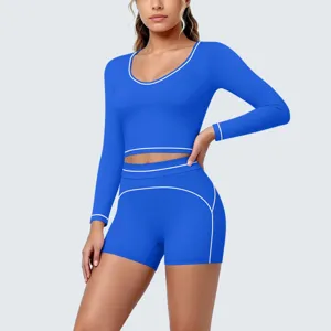 Women long sleeve yoga set workout sportswear crop top and running shorts two piece activewear