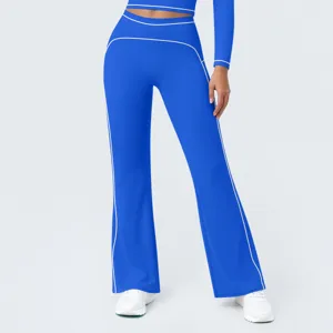 Detailed view of high-waisted contrast trim flare activewear pants, comfortable casual fit.