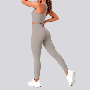 Detail shot of the back design and fit of the nude-feel solid color seamless yoga fitness set.