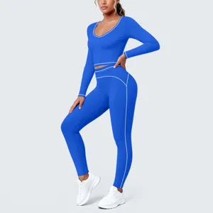 Royal blue long sleeve crop top yoga set for fitness and running workout details.