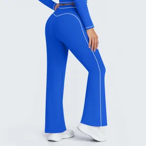 Blue high waist yoga flare pants activewear workout fitness sportswear with white piping details