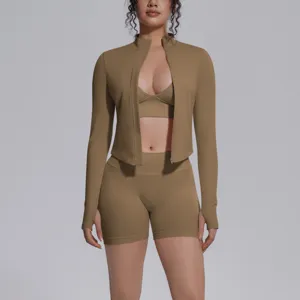 Seamless ribbed zip jacket activewear sports bra shorts 3 piece set yoga fitness gym outfit