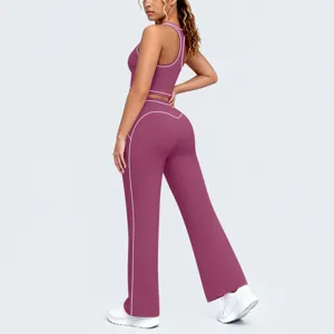 Ensemble Sport Femme Crop Top Pantalon Large Yoga Passepoil Contraste Tenue Fitness