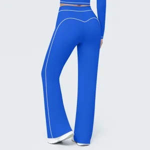 Blue high waist wide leg yoga pants for women, activewear running fitness workout trousers