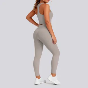 Back view detail of seamless nude-feel solid sports bra and high waist yoga leggings set.