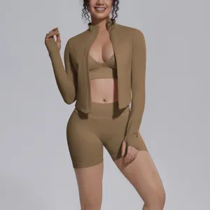 Seamless 3-piece fitness yoga set with zip jacket, sports bra, and high-waist shorts.