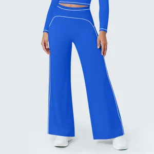 High waist wide leg sports pants with contrast piping and long sleeve activewear top set.