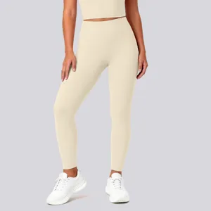 High waist seamless yoga pants detail view, buttery soft nude feel fitness leggings stretch.