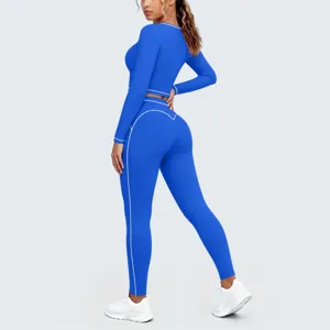 Blue contrast piping long sleeve crop top high waist yoga set fitness sportswear activewear