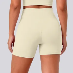 High-waisted tight yoga shorts back detail, breathable naked-feel stretchy gym fitness apparel.