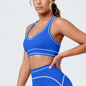 Gedetailleerd overzicht van blauwe sport-bh met witte bies, U-rug yoga fitness crop top