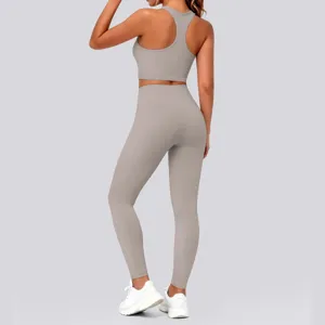 Detailed back view of a solid color naked-feel yoga set, featuring a racerback bra and leggings.
