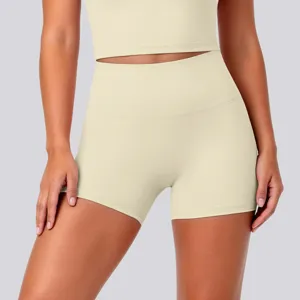 Close-up of high-waist seamless yoga shorts and athletic crop top for fitness training.