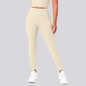 High-waisted seamless yoga leggings detail view, showing stretchy nude-feel fabric texture.