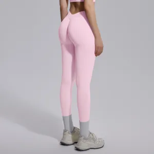 Pink seamless high waist yoga leggings for women fitness running workout activewear detail view