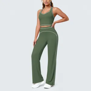 Femme haut court passepoil contraste et pantalon yoga flare fitness sport ensemble vert