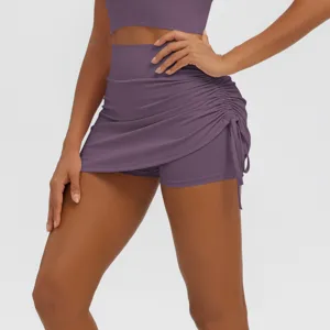 High-waist pleated yoga skort activewear skirt with drawstring for fitness and running.