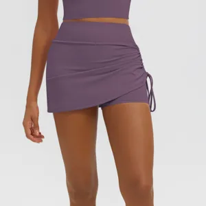 High waist ruched yoga skort fake two piece athletic fitness running workout sports shorts.