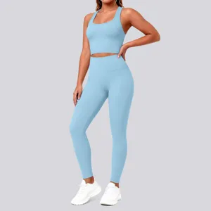 Light blue solid color seamless activewear set, U-neck crop top and high waist yoga leggings.