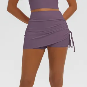 Ruched fake two-piece yoga skirt high waist athletic fitness running workout activewear shorts
