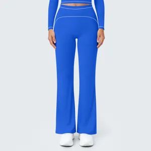 High-waist contrast piping royal blue yoga pants and long sleeve top set for fitness workouts.