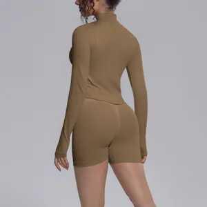 Women seamless long sleeve yoga top and shorts set fitness athletic wear brown activewear