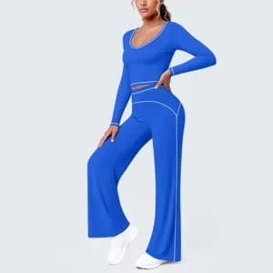 Blaues Langarm Crop Top Schlaghose Yoga Set, bequeme Sportbekleidung Fitness Anzug.