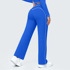 Women royal blue high waist contrast wide leg athletic lounge yoga pants detail view.