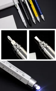 Multifunctional 9-in-1 tool pen with scale ruler screwdriver LED light and ballpoint pen.