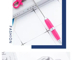 Closeup detail of portable DIY keychain beadable pen with pink clasp and metal rod.