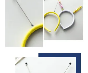 Nahaufnahme Details des DIY Perlen Antennen Haarreifs mit Stofftextur und bunten Perlen.