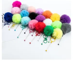 Colorful fluffy pom pom keychain with metal stick ring cute plush bag pendant charms.