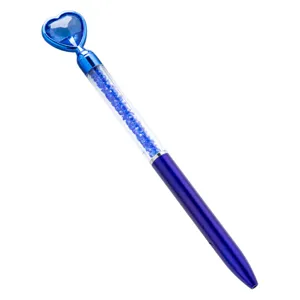 Blue crystal heart ballpoint pen clear liquid rhinestone school office writing stationery supply