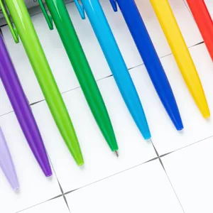 Colorful plastic retractable ballpoint pens set for office, school, and promotional gifts.