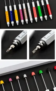 Multifunctional metal tool pen with scale ruler and screwdriver for DIY craft projects.