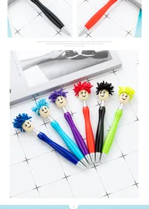 Cute cartoon doll head ballpoint pen with colorful fluffy hair, smooth writing gift pen.