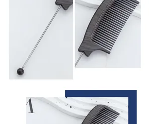 Wooden texture hair styling tail comb with metal pin and bead end for salon highlighting.