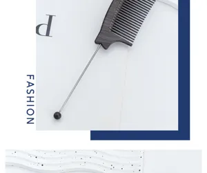 Close-up detail of the wooden texture tail comb with metal pin, ideal for salon styling.