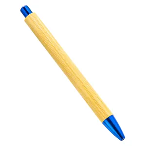 Eco-friendly bamboo ballpoint pen with vibrant blue metallic trim, click action, sleek design.
