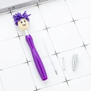Cute purple plush doll head ballpoint pen with removable refill spring stationery gift.