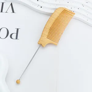 Wooden tail comb with metal pin and bead for hair styling, salon highlighting, and fine teeth.